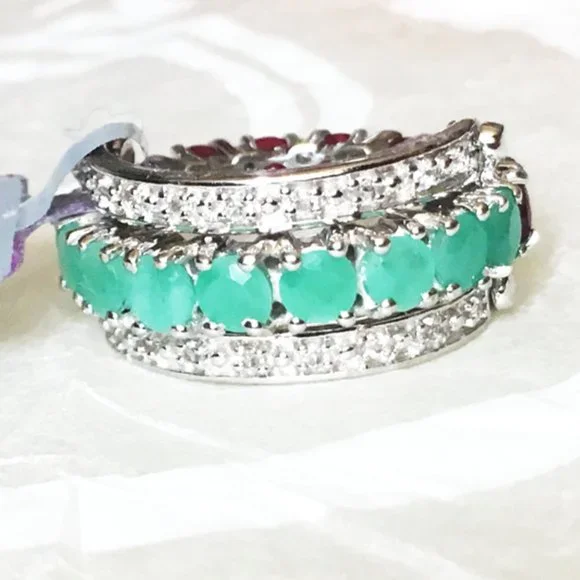 REVERSIBLE Emerald & Ruby Ring .925 Sterling Silver Genuine Gemstones - Picture 7 of 9